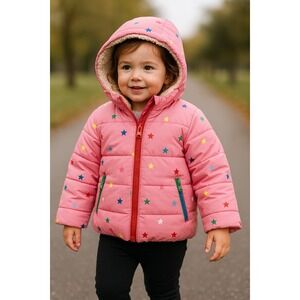 Borden Kids Hooded Puffer Jacket 3/4Y Pink Star Print Sherpa Lined Winter Coat